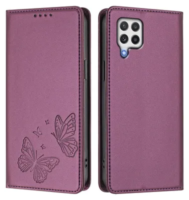 Image de Étui en cuir pour Samsung Galaxy A22 4G, motif papillon en relief, étui portefeuille à rabat avec support, violet