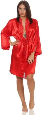 Produktbild von Damen Morgenmantel kurzer Kimono in Satin-Optik Spitze; Rot L