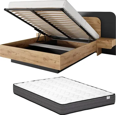 Produktbild von Bett mit Kommode und Nachttischen 160 x 200 cm - Mit LED-Beleuchtung - Natur und Anthrazit + Matratze - DESADO