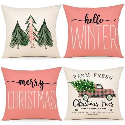 Produktbild von Kissenbezüge Weihnachten 40x40 cm Rosa Kiefernmotiv 4er Set Leinen-Mischgewebe