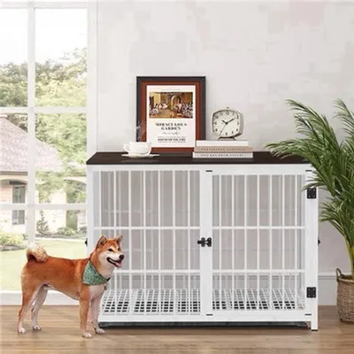 Obrázek produktu pro Klec pro psy – Velikost XL – Kovová konstrukce s dřevěnými prvky – Designový nábytek – Rozměry: 107,5 x 71,5 x 81 cm – Černá barva