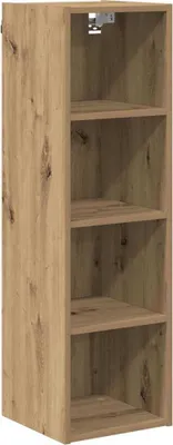 A tall, narrow, open shelving unit with a wood-grain finish.