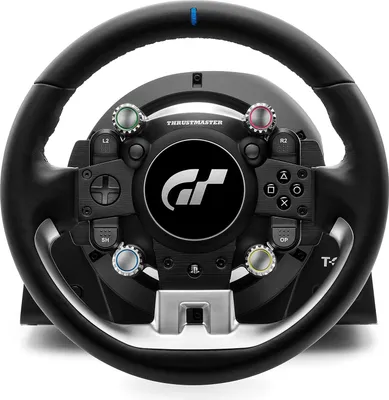 A close-up studio shot of a Thrustmaster T-GT II gaming steering wheel.
