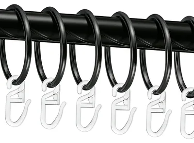 Image de 50 anneaux de rideau en métal et 50 crochets de rideau en plastique, anneaux de rideau noirs / anneaux de rideau de douche, diamètre intérieur de 32 mm (noirs)