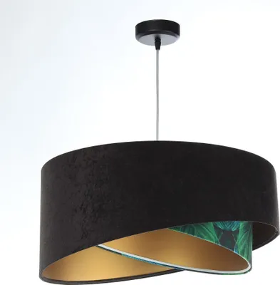 Produktbild von Hängelampe Stoff D: 50 cm rund H: max. 102 cm in Weiß Schwarz Grün (Tropical Print) Gold E27 Modern Pendelleuchte