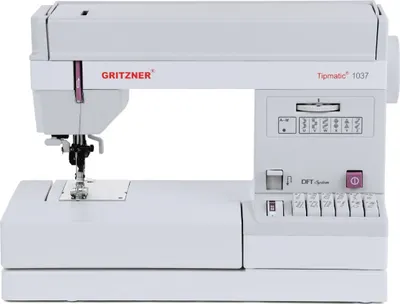 A white Gritzner Tipmatic 1037 sewing machine is shown from a front-facing, slightly elevated angle against a white background.
