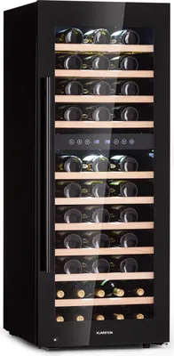 Produktbild von Klarstein Weinkühlschrank Freistehend, Kleiner Getränkekühlschrank Schmal, 2 Zonen Weinkühlschrank mit Glastür, Indoor/Outdoor Beersafe, Kühlschrank Klein mit LED-Lichter, 5-18°C, 73 Flaschen