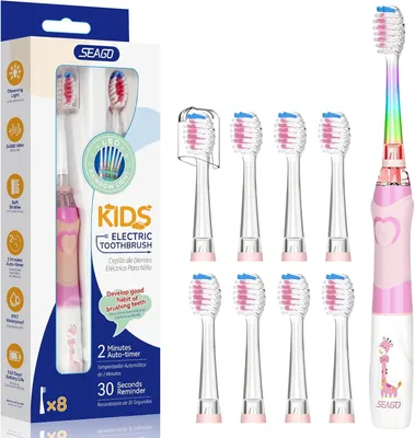 Produktbild von Elektrische Kinderzahnbürste 3-12 Jahre LED Licht Smart Timer 24000 VPM IPX7 Schallzahnbürste 8 Bürstenköpfe weiche Borsten Batteriebetrieben