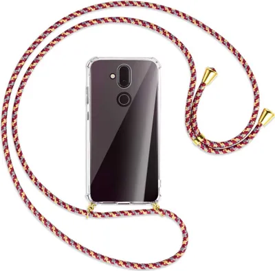 Produktbild von Handykette Backcover-Schutzhülle mit Band (Metall goldfarben) für Nokia 8.1 - weinrot/gelb/grau