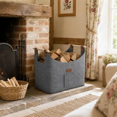 Image de NAIZY, panier de rangement pour bois de chauffage, lot de 8, en tissu non tissé, pliable, résistant à l'abrasion, polyvalent pour le transport et le stockage du bois de chauffage, couleur gris clair
