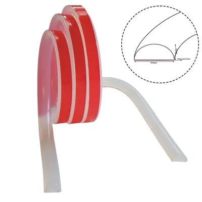 A close-up of a flexible, self-adhesive shower threshold with a diagram showing dimensions.