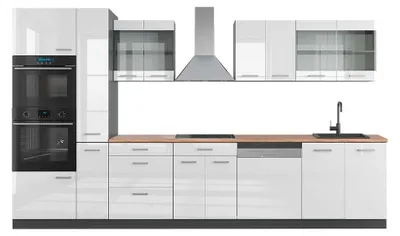 Image de Cuisine Vicco R-Line Blanc brillant/Anthracite 350cm avec armoire haute, PT Chêne, Model 49833