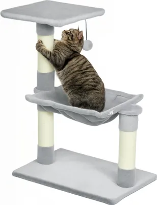 Image de PawHut Arbre à chat 3 griffoirs grattoirs sisal naturel plateforme hamac et boule suspendue dim. 50L x 26l x 70H cm peluche courte gris clair