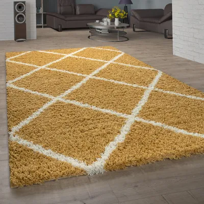 Produktbild von Teppich Wohnzimmer Hochflor Shaggy Skandi Design Mit Rauten Muster, Modern In Gelb Grösse 200x280 cm