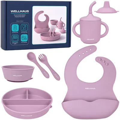 Immagine prodotto di WELLHAUS Set per neonati in silicone, 8 pezzi, rosa, con ventosa: bavaglino, bicchiere