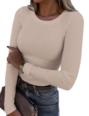 Productafbeelding van RIROW Damen langarmshirt met ronde hals, slim fit, geribbelde stof, kleur: abrikoos, maat: XS