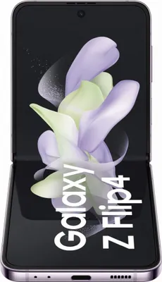 A Samsung Galaxy Z Flip4 smartphone is shown in an open, vertical position against a black background. The phone displays a floral wallpaper with the text 'Galaxy Z Flip4' overlaid on the screen.