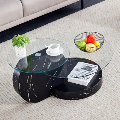 Obrázek produktu pro okwish Konferenční stolek se skleněnou deskou – víceúrovňový design s úložným prostorem – kulatý stolek do obývacího pokoje – pevná konstrukce z MDF, černé texturované samolepky