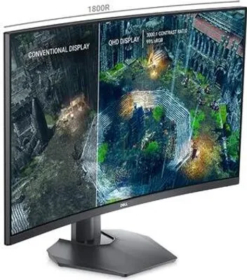 A curved computer monitor displaying a split screen comparison of a conventional display versus a QHD display, with marketing text and graphics overlayed.
