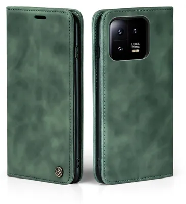 A green flip cover phone case shown from two angles.
