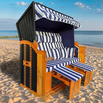 Produktbild von Strandkorb Ostsee 3-Sitzer XL für 2-3 Personen | 155cm breit | 2 Designs | Tragkraft bis zu 500kg | verstellbare Rückenlehne | Blau/Weiß gestreift
