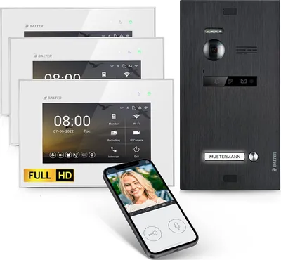 Produktbild von HD Video Türsprechanlage mit App für 1 Familienhaus, 3x Monitor, Balter EVO HD WLAN Schwarz