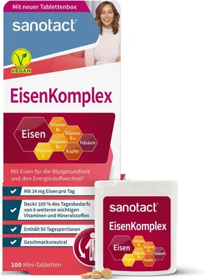 A product box for dietary supplements with a small container of the product placed in front of it.