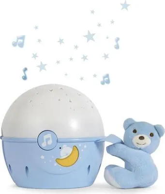 A blue and white star projector with a teddy bear accessory, set against a white background.