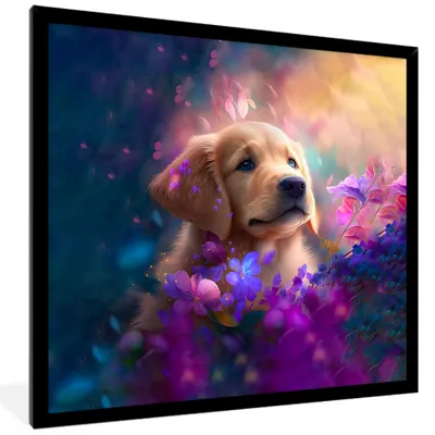 Produktbild von MuchoWow® Gerahmtes Poster Hund - Welpe - Sonne - Blumen - Golden Retriever 40x40 cm - Poster mit Schwarzem Bilderrahmen Wandposter Rahmen Foto Bilder - Mit Rahmen - Wanddekoration Schlafzimmer