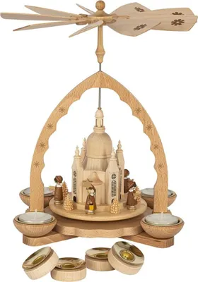 Zdjęcie produktu dla Piramida Frauenkirche i Kurrende z podgrzewaczami i świecami naturalnymi, wysokość 27 cm, NOWA