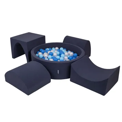 Obrázok produktu pre KiddyMoon Mäkké penové ihrisko pre deti s guľatým loptičkovým ihriskom (300 ∅ 7 cm) s mäkkými prekážkami a loptičkovým bazénom,  vyrobené v EÚ, Tmavomodrá:Babyblue/Modrá/Perla, Verzia 1