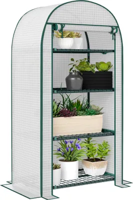 Produktbild von Outsunny PE-Gartengewächshaus mit 4 Regalböden, Balkongewächshaus, verstärkter 130 g/m²-Plane, Stahlrahmen, aufrollbarer Reißverschlusstür, für Gemüse, Pflanzen und Blumen, 80 x 50 x 160 cm, Weiß