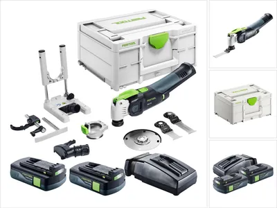 Produktbild von Festool VECTURO OSC 18 E-Basic Set Akku Oszillierer 18 V Starlock Max Brushless + 2x Akku 3,0 Ah + Ladegerät + 7 tlg. Zubehör Set + Systainer