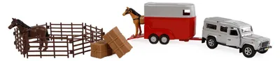 Immagine prodotto di Kids Globe Pull-Back Land Rover con rimorchio per cavalli e accessori 26 cm