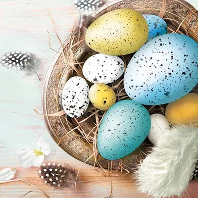 Produktbild von 20 Servietten Easter Eggs with Feathers on Blue - Natürliche Eier in bunten Farben 33x33cm