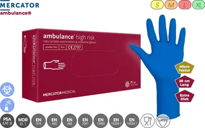 Produktbild von Einweghandschuhe Latex Puderfrei 50 Stück Ambulance HIGH RISK A50 Premium Stark 30 cm, Größe:L - 50 Stück