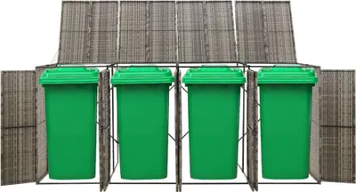 Four green trash bins are housed within a gray poly rattan enclosure.