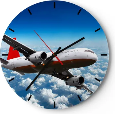 Produktbild von Wanduhr - Rund - Glasuhr - Passagier Flugzeug Motoren Wolken - 40x40cm - Schleichendes Uhrwerk - Lautlos - zum Aufhängen bereit - Dekoration Modern - Wanddekoration aus Glas - C3AR40x40-0375