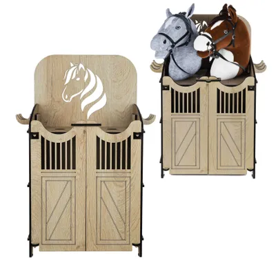 Obrázok produktu pre Hoofly Hobby Horse Stajňa - Praktické príslušenstvo Hobby Horse so dverami, úložným priestorom a háčikmi / Ideálna stajňa pre hobby koníky pre 2 kone