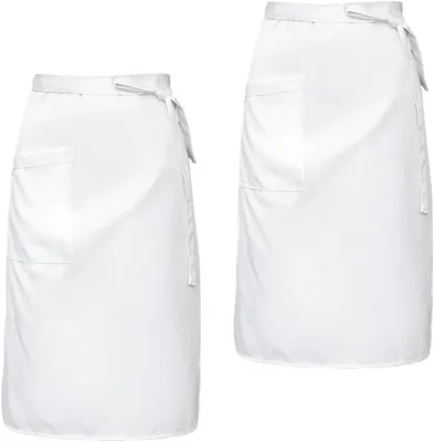 Produktbild von Set aus 2 weißen Kellnerschürzen, geeignet für Damen und Herren, mit Taschen, lang, für den Einsatz in Cafés, Bistros und Konditoreien.