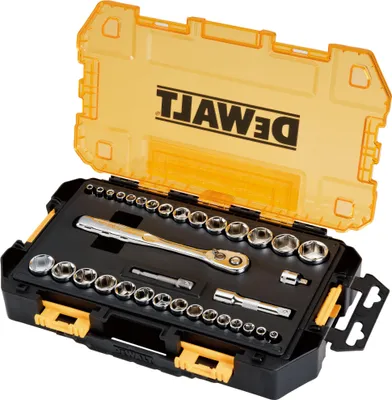 A Dewalt socket wrench set in its open case.