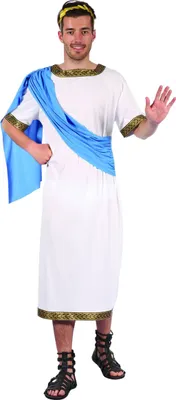 A man wearing a Greek god costume, posing against a white background.