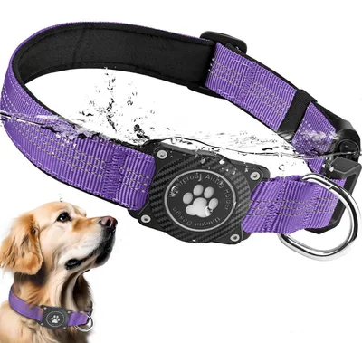 Image de Collier pour chien avec AirTag, 100% étanche, réfléchissant, couleur violet, taille M (32-43,5 cm)