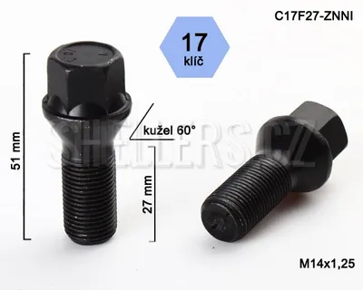 Obrázok produktu pre Skrutka kolesa M14x1,25x27, kužeľová, kľúč 17, C17F27-BLACK čierna, výška 51
