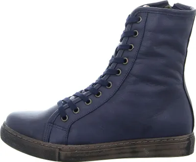 A side view of a blue lace-up boot.