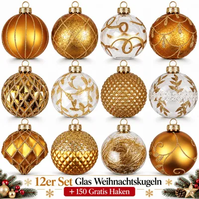 Produktbild von Weihnachtskugeln Glas 12er Set Christbaumkugeln Baumschmuck Kugeln Gold D8
