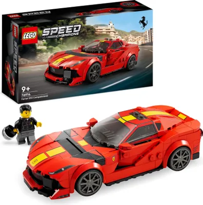 Produktbild von LEGO Speed Champions Ferrari 812 Competizione Modellbausatz, 261 Teile, Sportwagen aus Kunststoff, Rot mit gelben und schwarzen Streifen, inkl. Rennfahrer-Minifigur und digitaler 3D-Bauanleitung. Maße: 4 cm H, 16 cm L, 7 cm B. Für Kinder ab 9 Jahren und Ferrari-Fans.