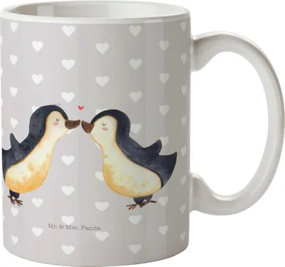 Produktbild von Mr. & Mrs. Panda Teetasse Pinguin Liebe - Grau Pastell - Geschenk, Bedruckte Tasse, Pott, Bürotasse, Vertraut, Kaffeetasse, Geschenkidee, Freundin, Pärchen, Liebesbeweis