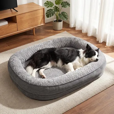 Produktbild von Orthopädisches Hundebett für mittelgroße Hunde – 89 x 63 cm – aus Memory-Schaum – waschbare Bezüge – grau