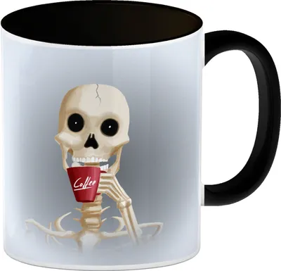 Produktbild von Kaffeebecher Schwarz mit lustigem Motiv und Spruch - Auch Skelette brauchen